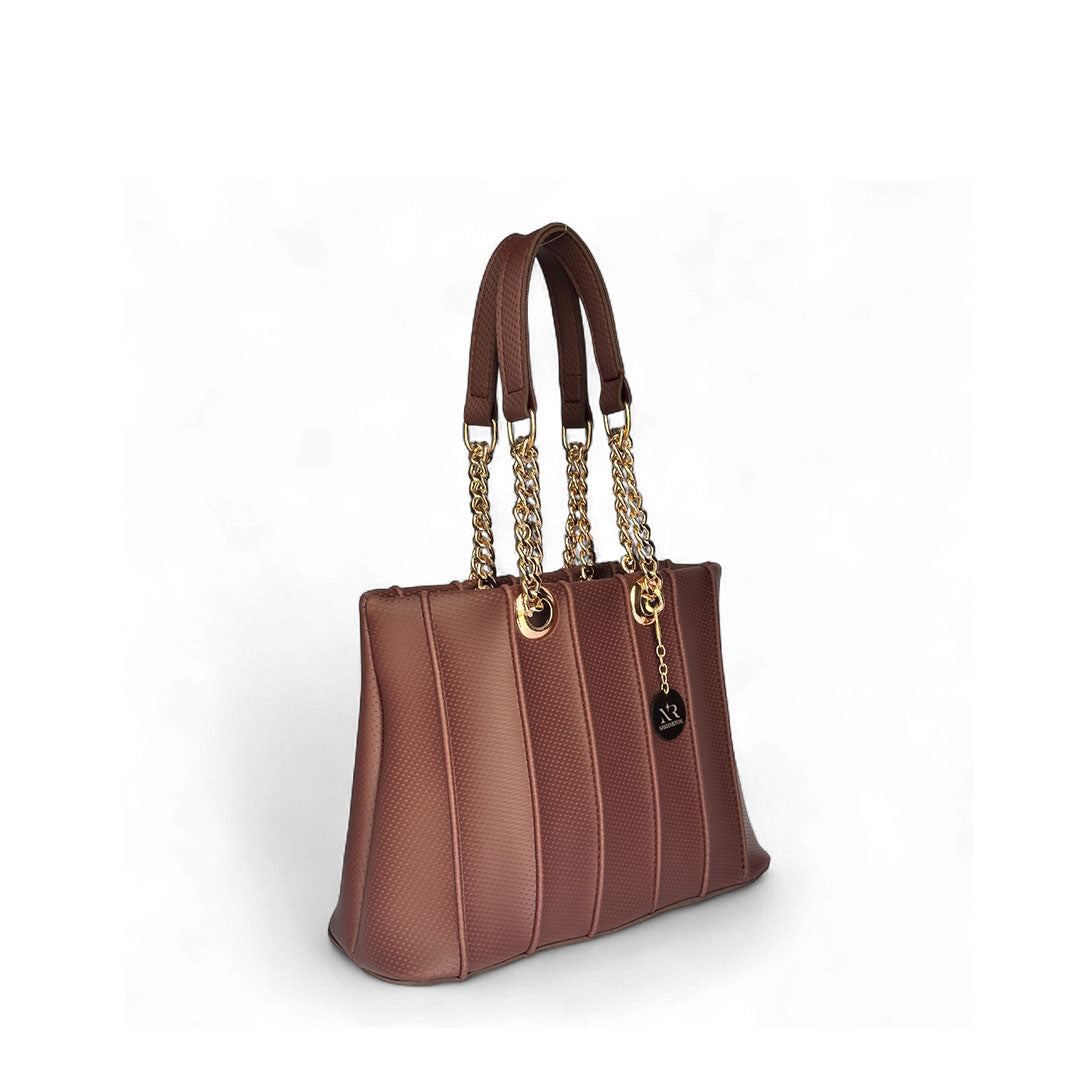 Luxury burgandy textured tote bag with vertical panels, gold chain straps