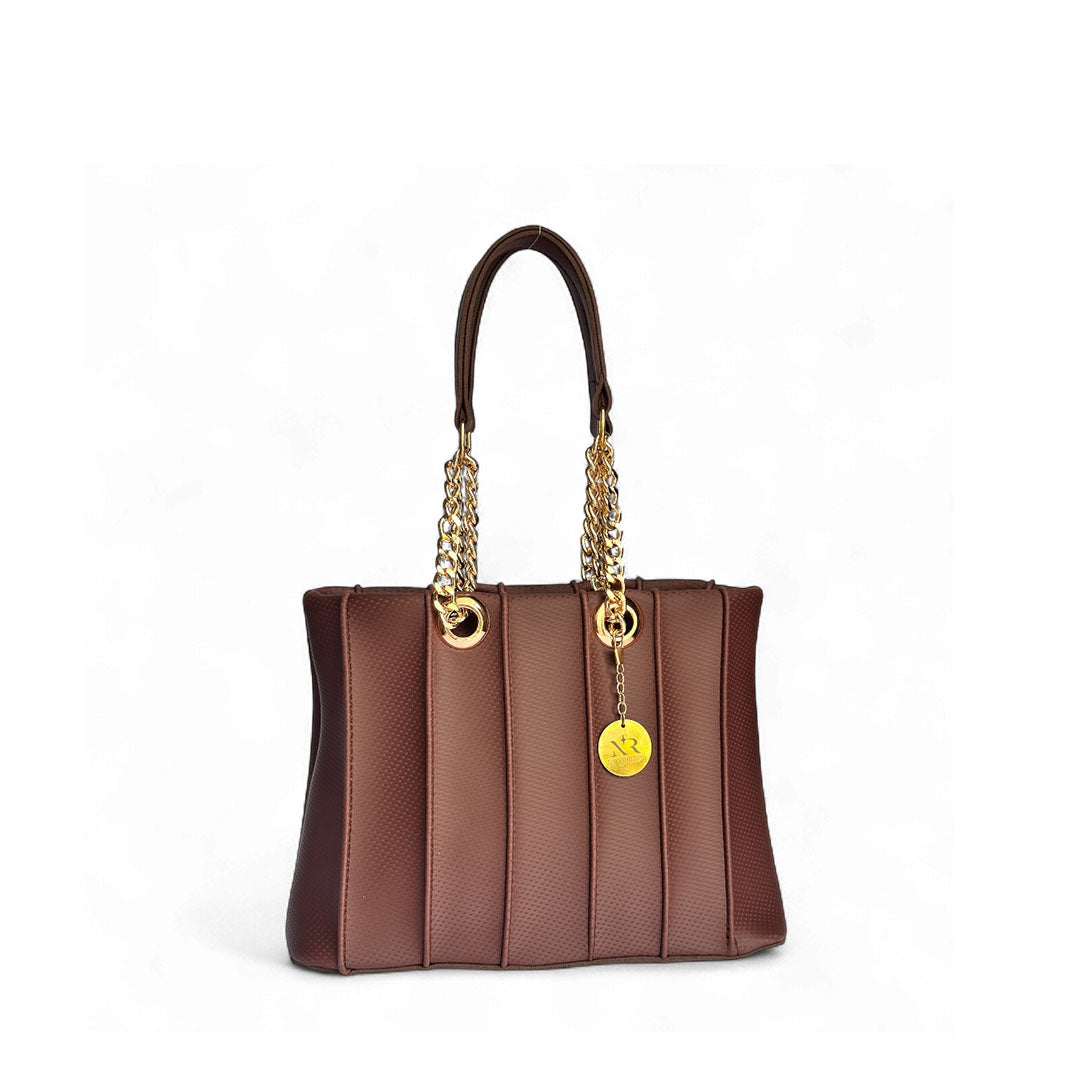 Luxury burgandy textured tote bag with vertical panels, gold chain straps