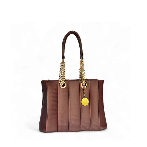 Luxury burgandy textured tote bag with vertical panels, gold chain straps