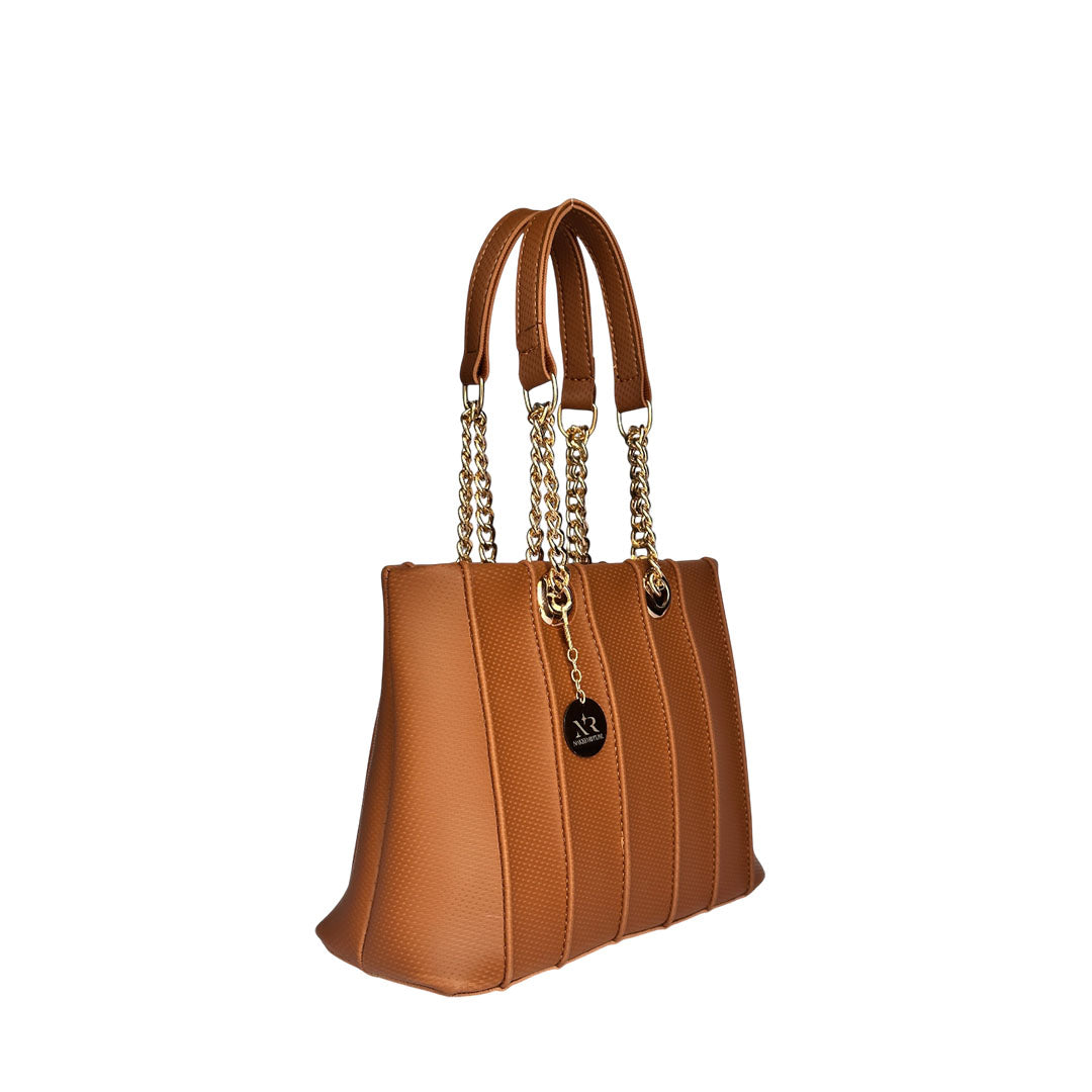 Stylish brown textured handbag with vertical paneling, dual gold chain shoulder straps, and metallic logo charm
