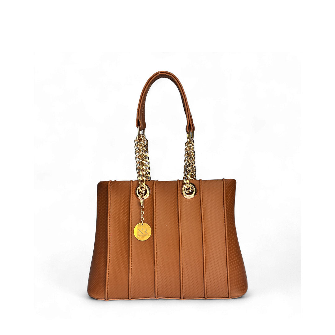 Stylish brown textured handbag with vertical paneling, dual gold chain shoulder straps, and metallic logo charm