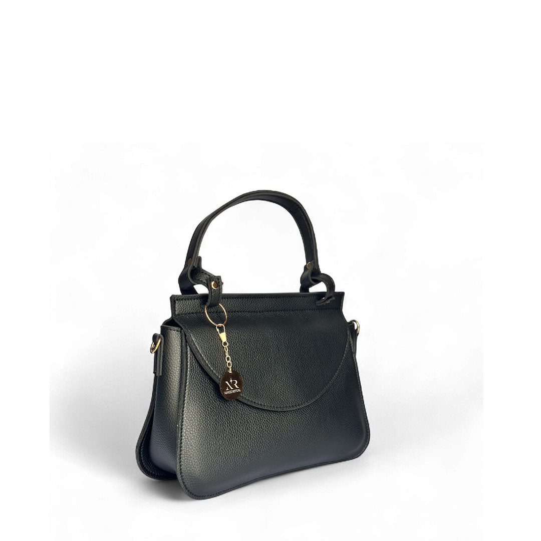 Elegant black pebble-grain faux leather handbag with curved flap closure and gold-tone logo charm.