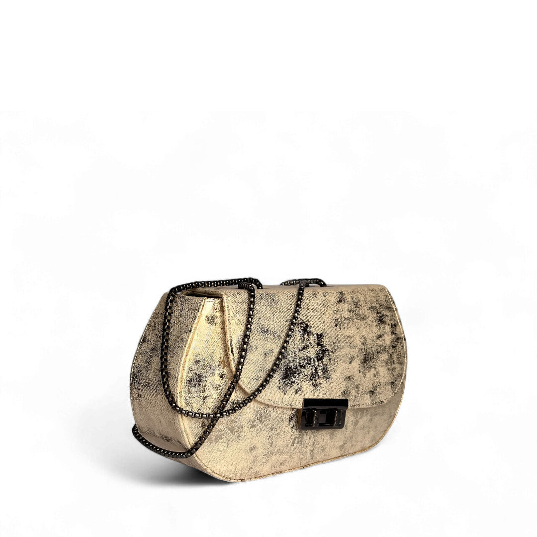 Gold textured handbag with metal chain strap and front lock closure. Best for formal events