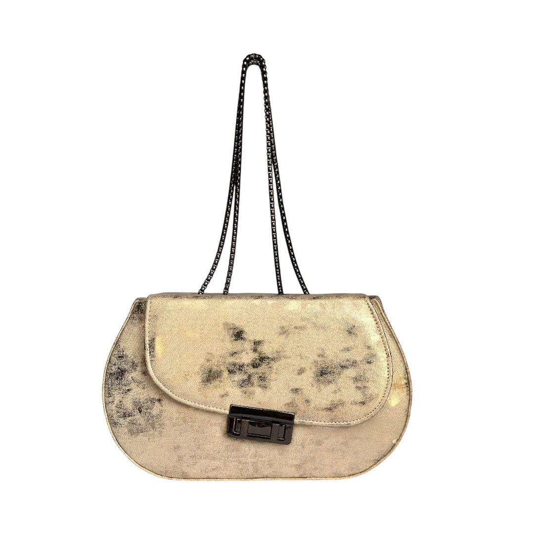 Gold textured handbag with metal chain strap and front lock closure. Best for formal events