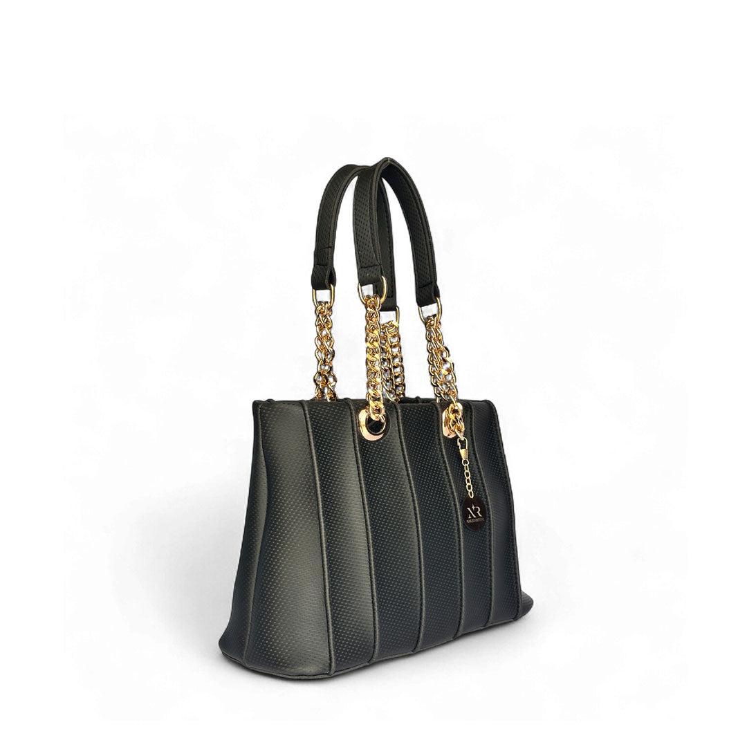 Black structured handbag with vertical textured panels and chunky gold chain strap details. Quality shoulder bag for modern daily and formal wear.