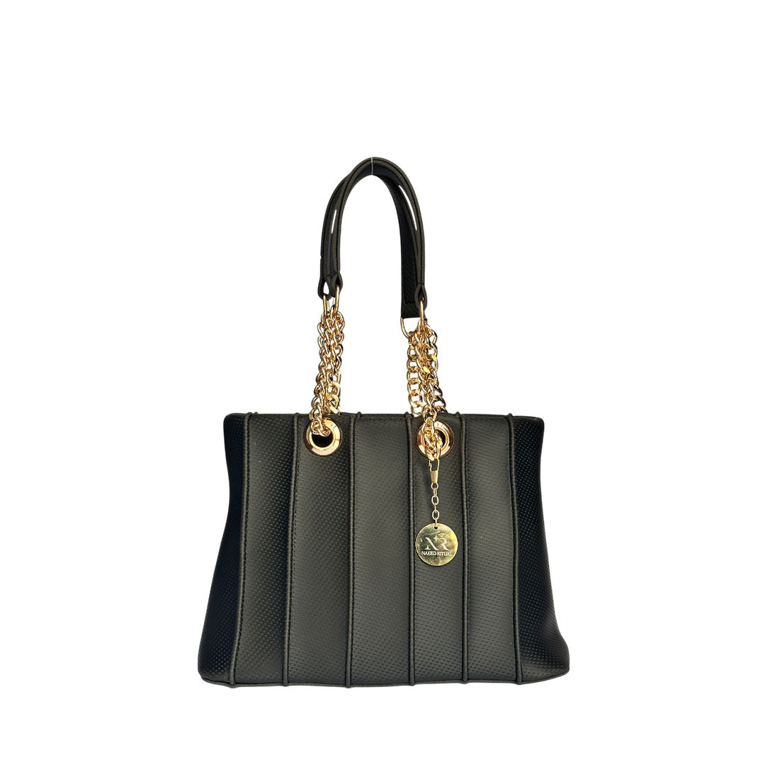 Black structured handbag with vertical textured panels and chunky gold chain strap details. Quality shoulder bag for modern daily and formal wear.